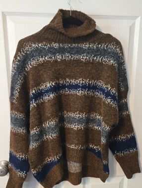 Cozy Brown Cowl Neck Sweater with Blue & Gray Stripes